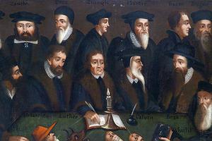 “The Reformers” (German School of the Early 17th Century). Pictured: Bullinger, Zanchi, John Knox, Zwingli, Bucer, Matthew Parker, William Perkins, Melanchthon, Martin Luther, John Calvin, Theodore Beza and John Wyclif. “The Reformers” (German School of the Early 17th Century). Pictured: Bullinger, Zanchi, John Knox, Zwingli, Bucer, Matthew Parker, William Perkins, Melanchthon, Martin Luther, John Calvin, Theodore Beza and John Wyclif.