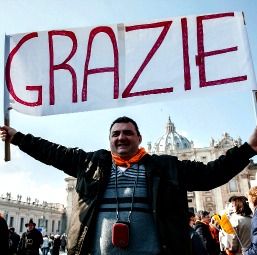 An Italian pilgrim expresses his sentiments to Pope Benedict following the Feb. 17 Angelus in St. Peter's Square. An Italian pilgrim expresses his sentiments to Pope Benedict following the Feb. 17 Angelus in St. Peter's Square.