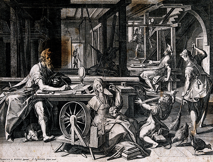 St. Paul at the house of Aquila and his wife Priscilla. The family makes tents as St. Paul writes at the desk.
St. Paul at the house of Aquila and his wife Priscilla. The family makes tents as St. Paul writes at the desk.