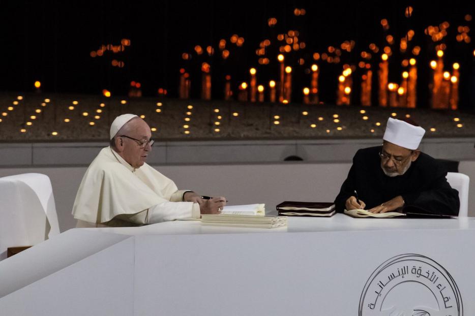 Pope Francis and Sheikh Ahmed al-Tayeb, the grand imam of Al-Azhar in Cairo, sign the joint document on fraternity last week. Pope Francis and Sheikh Ahmed al-Tayeb, the grand imam of Al-Azhar in Cairo, sign the joint document on fraternity last week.