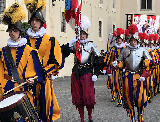 ABOVE AND BELOW: The May 6, 2018, swearing-in ceremony of 32 new Swiss Guards was accompanied by numerous events and ceremonies, including Mass, Vespers, a wreath-laying ceremony and a private papal audience. ABOVE AND BELOW: The May 6, 2018, swearing-in ceremony of 32 new Swiss Guards was accompanied by numerous events and ceremonies, including Mass, Vespers, a wreath-laying ceremony and a private papal audience.
