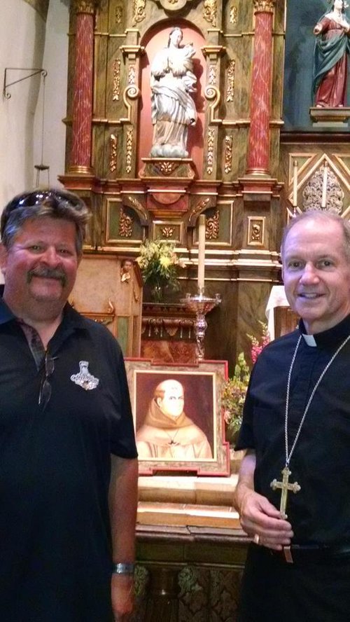 Bishop Paprocki with his cousin Mike Gray at the tomb of Blessed Junipero Serra in Carmel, Calif., where the bishop celebrated Mass. Bishop Paprocki with his cousin Mike Gray at the tomb of Blessed Junipero Serra in Carmel, Calif., where the bishop celebrated Mass.