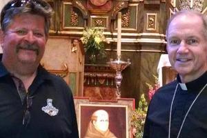 Bishop Paprocki with his cousin Mike Gray at the tomb of Blessed Junipero Serra in Carmel, Calif., where the bishop celebrated Mass. Bishop Paprocki with his cousin Mike Gray at the tomb of Blessed Junipero Serra in Carmel, Calif., where the bishop celebrated Mass.