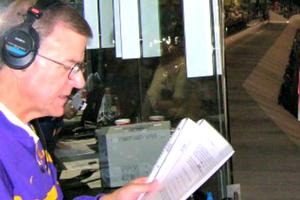 Above, Deacon Dan Borné announcing a game; and, below, ready for his deacon duties, with his wife, Lisette, by his side. Above, Deacon Dan Borné announcing a game; and, below, ready for his deacon duties, with his wife, Lisette, by his side.