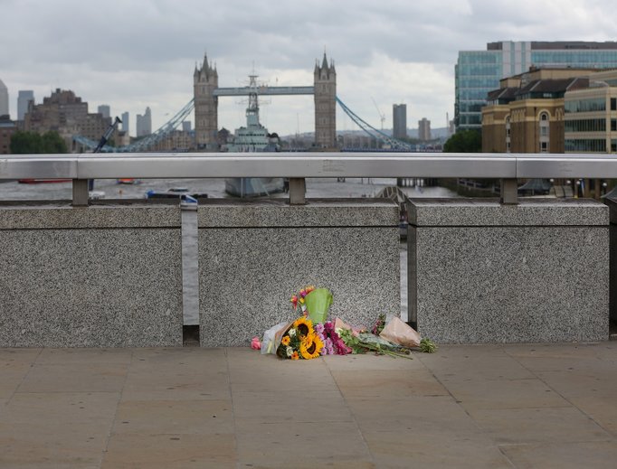 Flowers laid by the public June 5 on London Bridge following June 3 London terrorist attack. Flowers laid by the public June 5 on London Bridge following June 3 London terrorist attack.