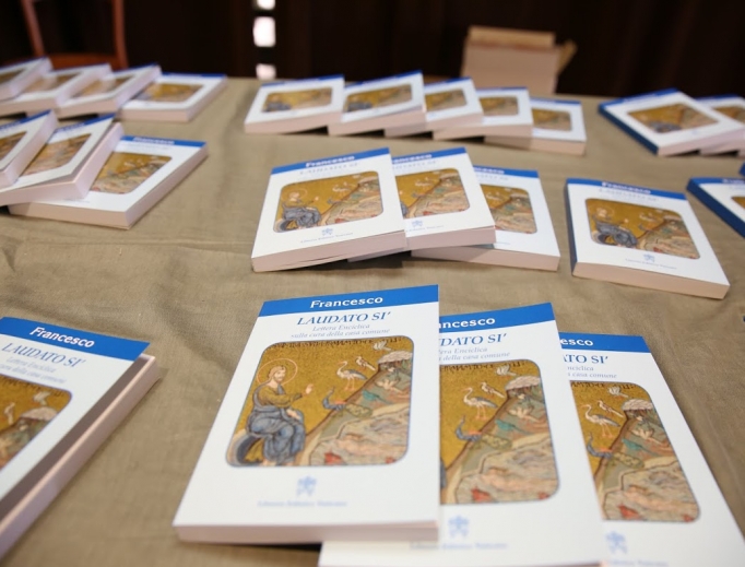 Copies of Laudato Si are displayed at a news conference in Paul VI Hall on June 18, 2015. Copies of Laudato Si are displayed at a news conference in Paul VI Hall on June 18, 2015.