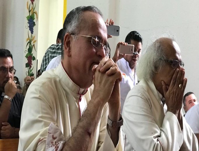 'Praying in the chapel of the Cathedral of Managua today after being attacked,' Bishop Silvio José Baez Ortega tweeted July 9.
'Praying in the chapel of the Cathedral of Managua today after being attacked,' Bishop Silvio José Baez Ortega tweeted July 9.