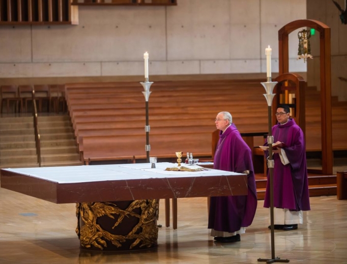 Archbishop José Gomez leads an online Sunday Mass at the Cathedral of Our Lady of the Angels, as the church was closed to the public, on March 22 in Los Angeles. Millions are adjusting to life in various phases of lockdown across the United States. Archbishop José Gomez leads an online Sunday Mass at the Cathedral of Our Lady of the Angels, as the church was closed to the public, on March 22 in Los Angeles. Millions are adjusting to life in various phases of lockdown across the United States.