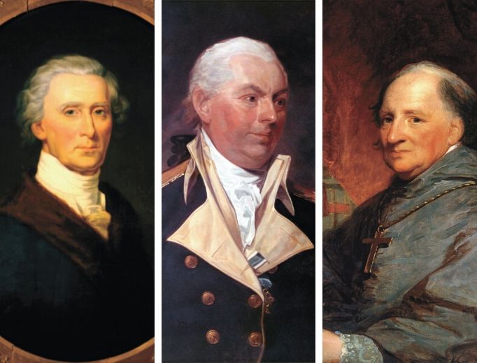 The Revolutionary War and American founding included the aid of many patriots, including Catholics like (from left to right) Charles Carroll, John Barry and Father (later Bishop) John Carroll. The Revolutionary War and American founding included the aid of many patriots, including Catholics like (from left to right) Charles Carroll, John Barry and Father (later Bishop) John Carroll.