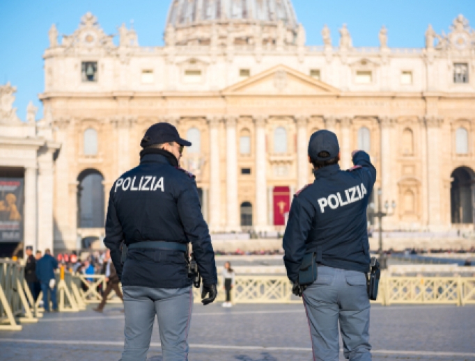 Police officers on duty at St Peter's square in Vatican City, 2019. Police officers on duty at St Peter's square in Vatican City, 2019.