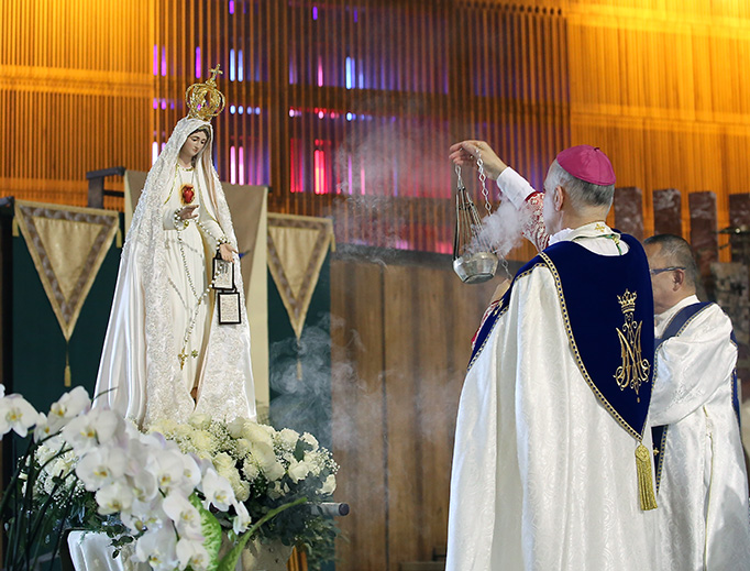 Archbishop Salvatore Cordileone censes a statue of Our Lady of Fatima at St. Mary’s Cathedral on Oct. 7. Archbishop Salvatore Cordileone censes a statue of Our Lady of Fatima at St. Mary’s Cathedral on Oct. 7.