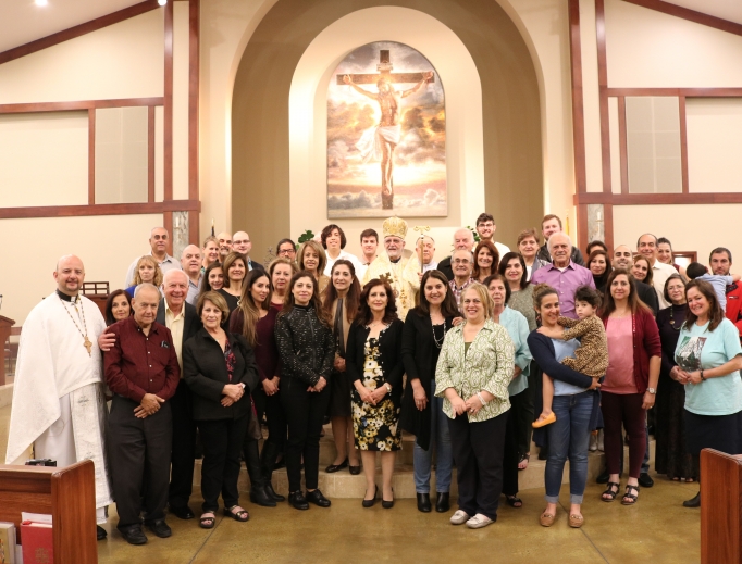 Above, the Melkite Greek-Catholic community at St. Kilian Catholic Church in Mission Viejo, California, with Bishop Nicholas Samra. Below, celebration of the Divine Liturgy. Above, the Melkite Greek-Catholic community at St. Kilian Catholic Church in Mission Viejo, California, with Bishop Nicholas Samra. Below, celebration of the Divine Liturgy.