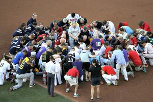 Members of the Republican and Democratic congressional baseball teams gather for prayer before the start of the Congressional Baseball Game at Nationals Park on June 15 in Washington. U.S. House Majority Whip Rep. Steve Scalise, R-Louisiana, remained in critical condition following a shooting June 14 during a Republican congressional baseball team practice. Members of the Republican and Democratic congressional baseball teams gather for prayer before the start of the Congressional Baseball Game at Nationals Park on June 15 in Washington. U.S. House Majority Whip Rep. Steve Scalise, R-Louisiana, remained in critical condition following a shooting June 14 during a Republican congressional baseball team practice.