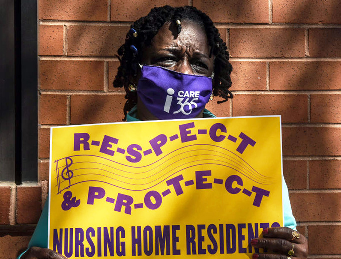 A nursing home worker participates in a vigil outside of the Downtown Brooklyn Nursing and Rehabilitation Center on May 21, 2020, in New York City.
A nursing home worker participates in a vigil outside of the Downtown Brooklyn Nursing and Rehabilitation Center on May 21, 2020, in New York City.
