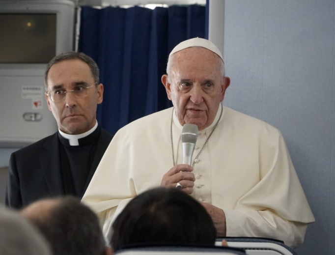 Pope Francis during an in flight press conference on the papal plane, Nov. 26, 2019. Pope Francis during an in flight press conference on the papal plane, Nov. 26, 2019.