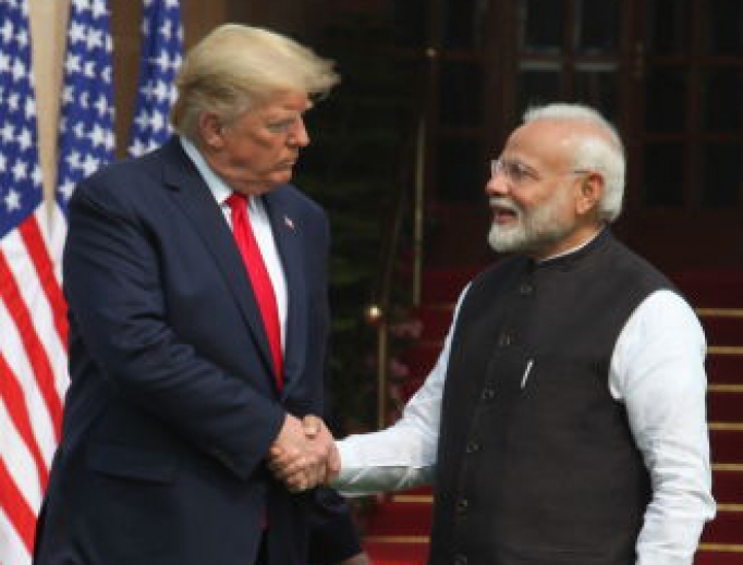 Donald Trump and Narendra Modi greet one another before sitting down for bilateral talks Feb. 25 in New Delhi, India. Donald Trump and Narendra Modi greet one another before sitting down for bilateral talks Feb. 25 in New Delhi, India.