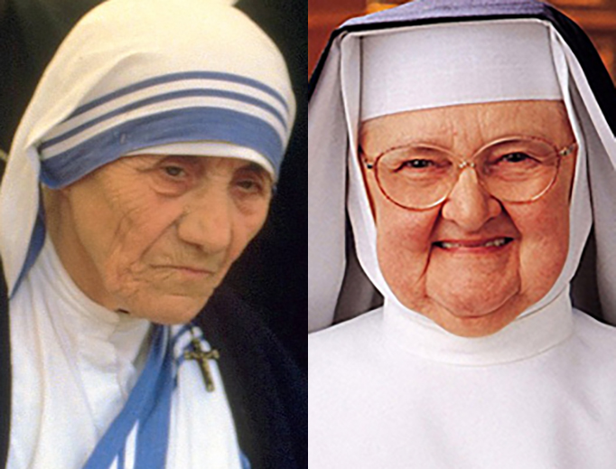 LEFT: Mother Teresa in a 1986 file photo (Source: “Túrelio”, via Wikimedia Commons). RIGHT: Mother Angelica (Source: EWTN). LEFT: Mother Teresa in a 1986 file photo (Source: “Túrelio”, via Wikimedia Commons). RIGHT: Mother Angelica (Source: EWTN).
