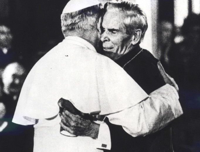 John Paul II greets Archbishop Fulton Sheen. John Paul II greets Archbishop Fulton Sheen.