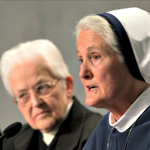 Mother Agnes Mary Donovan (r), head of the Sisters of Life, speaks during a press conference Dec. 16 discussing the release of the final report from the apostolic visitation of U.S. women's religious. At Mother Agnes' left is Sister Sharon Holland, president of the Leadership Conference of Women Religious. Mother Agnes Mary Donovan (r), head of the Sisters of Life, speaks during a press conference Dec. 16 discussing the release of the final report from the apostolic visitation of U.S. women's religious. At Mother Agnes' left is Sister Sharon Holland, president of the Leadership Conference of Women Religious.