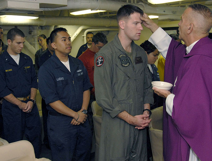 Sailors and Marines prepare to receive ashes during Ash Wednesday Mass aboard the amphibious assault ship USS Boxer (LHD 4) in 2009. (U.S. Navy photo by Mass Communication Specialist 2nd Class John J. Siller/Released) Sailors and Marines prepare to receive ashes during Ash Wednesday Mass aboard the amphibious assault ship USS Boxer (LHD 4) in 2009. (U.S. Navy photo by Mass Communication Specialist 2nd Class John J. Siller/Released)