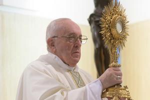 Pope Francis exposes the Blessed Sacrament for Adoration during Mass on April 16, 2020. Pope Francis exposes the Blessed Sacrament for Adoration during Mass on April 16, 2020.