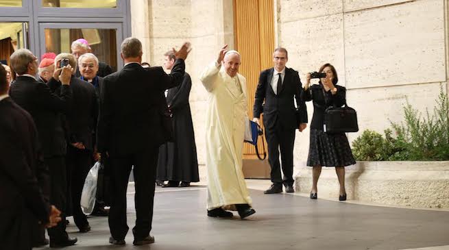 Pope Francis leaving the synod hall on the final day of the second Synod on the Family, Oct. 24, 2015. Pope Francis leaving the synod hall on the final day of the second Synod on the Family, Oct. 24, 2015.