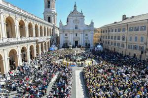 Pope Francis addresses pilgrims outside the Shrine of the Holy House of Loreto on March 25. Pope Francis addresses pilgrims outside the Shrine of the Holy House of Loreto on March 25.