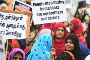 Muslim women holding placards show solidarity with the Christian families and victims of the Easter Sunday bomb blasts in Sri Lanka during a demonstration May 3 organized by the Tamilnadu Thawheedh Jamaath Islamic organization in Chennai, India. Muslim women holding placards show solidarity with the Christian families and victims of the Easter Sunday bomb blasts in Sri Lanka during a demonstration May 3 organized by the Tamilnadu Thawheedh Jamaath Islamic organization in Chennai, India.