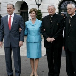 President George W. Bush and Laura Bush welcomed papal nuncio Pietro Sambi (second from right) and Washington Cardinal Donald Wuerl to the White House July 18, 2006. President George W. Bush and Laura Bush welcomed papal nuncio Pietro Sambi (second from right) and Washington Cardinal Donald Wuerl to the White House July 18, 2006.