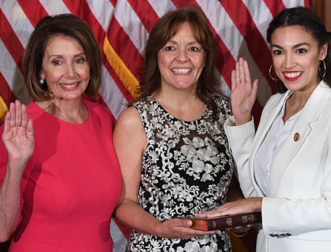 Speaker of the House Nancy Pelosi (l) performs a ceremonial swearing-in for U.S. Rep. Alexandria Ocasio-Cortez (r), D-N.Y., at the start of the 116th Congress at the U.S. Capitol in Washington Jan. 3. Speaker of the House Nancy Pelosi (l) performs a ceremonial swearing-in for U.S. Rep. Alexandria Ocasio-Cortez (r), D-N.Y., at the start of the 116th Congress at the U.S. Capitol in Washington Jan. 3.