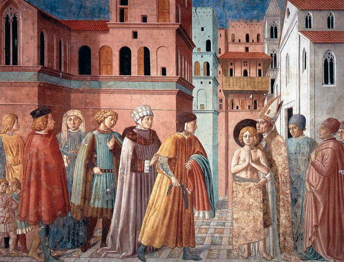 Benozzo Gozzoli, Scenes from the Life of St. Francis 3: Renunciation of Worldly Goods (1452, fresco, monastery church of St. Francis, Montefalco, Perugia, Italy) Benozzo Gozzoli, Scenes from the Life of St. Francis 3: Renunciation of Worldly Goods (1452, fresco, monastery church of St. Francis, Montefalco, Perugia, Italy)