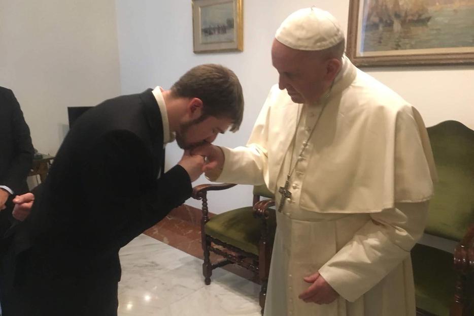 Tom Evans meeting Pope Francis at his Santa Marta residence this morning. Tom Evans meeting Pope Francis at his Santa Marta residence this morning.