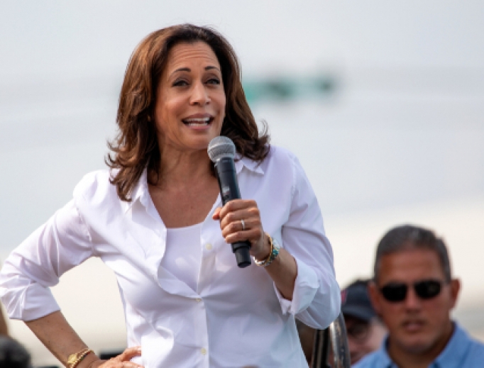 United States Senator and Democratic presidential candidate Kamala Harris greets supporters at the Iowa State Fair political soapbox in Des Moines, Iowa on August 10, 2019: United States Senator and Democratic presidential candidate Kamala Harris greets supporters at the Iowa State Fair political soapbox in Des Moines, Iowa on August 10, 2019: