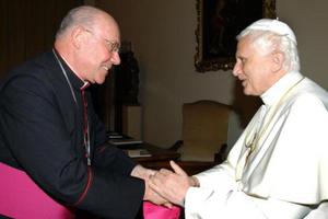 Pope Benedict XVI (r) greets then-Archbishop William Levada on June 3, 2005. Archbishop Levada was named guardian of Church doctrine that year, taking over the post of Cardinal Joseph Ratzinger when he became pope. Pope Benedict XVI (r) greets then-Archbishop William Levada on June 3, 2005. Archbishop Levada was named guardian of Church doctrine that year, taking over the post of Cardinal Joseph Ratzinger when he became pope.