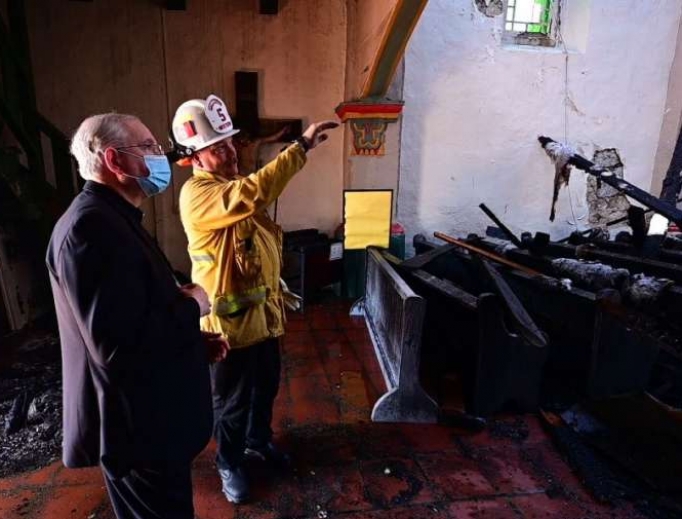 Archbishop Jose Gomez visits the scene of the fire at the San Gabriel mission, July 11, 2020. Archbishop Jose Gomez visits the scene of the fire at the San Gabriel mission, July 11, 2020.
