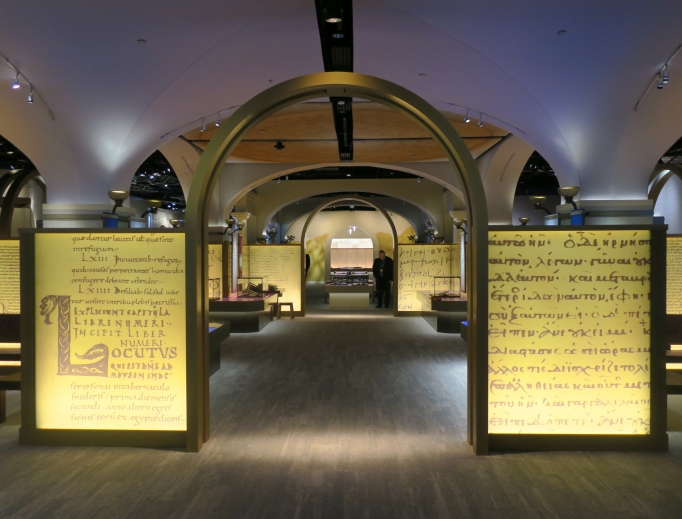 Above, a view of the floor dedicated to biblical history; below, the Gutenberg Gates, recreation of a Jewish synagogue, the 15th-century Urbino Bible, and the translations exhibit. Above, a view of the floor dedicated to biblical history; below, the Gutenberg Gates, recreation of a Jewish synagogue, the 15th-century Urbino Bible, and the translations exhibit.