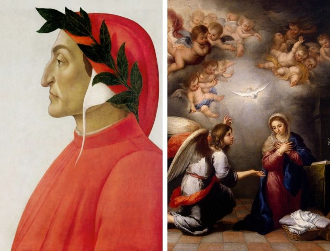 Left to right: posthumous portrait of Dante in tempera by Sandro Botticelli, 1495; The Annunciation by Murillo, 1655-1660
Left to right: posthumous portrait of Dante in tempera by Sandro Botticelli, 1495; The Annunciation by Murillo, 1655-1660