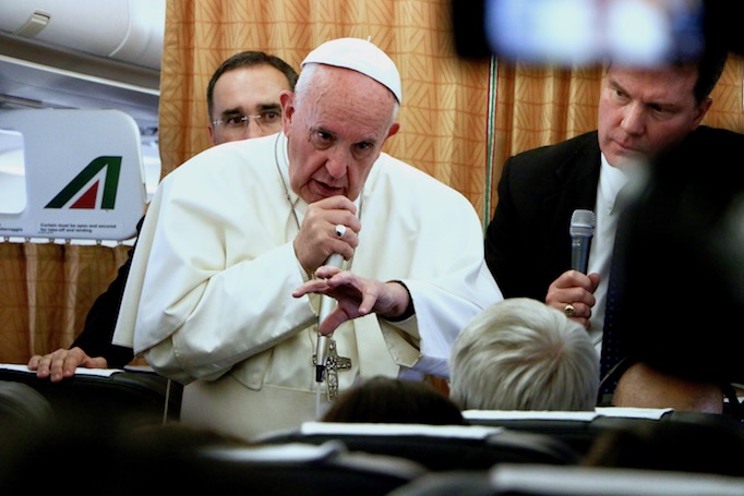 Pope Francis speaking to reporters on the papal plane from Cairo, April 29, 2017. Pope Francis speaking to reporters on the papal plane from Cairo, April 29, 2017.