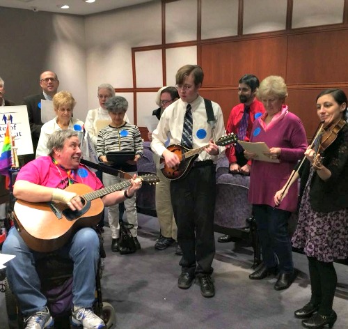 Opponents to assisted suicide take a break to jam at the state Capitol. Opponents to assisted suicide take a break to jam at the state Capitol.