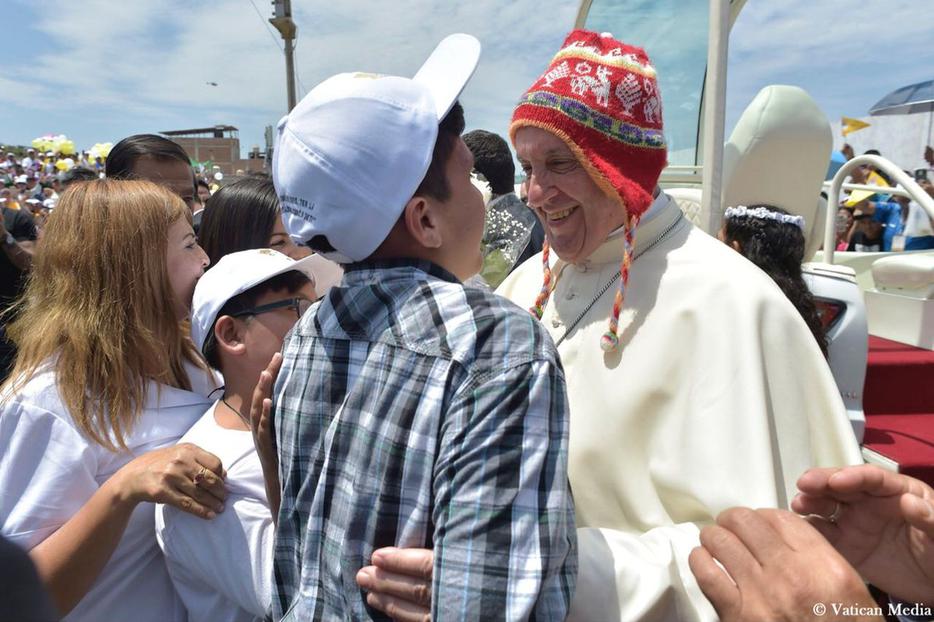 Pope Francis experiments with local fashion trends Jan. 20 in Trujillo, sporting a typical Peruvian chullo hat made of wool. Pope Francis experiments with local fashion trends Jan. 20 in Trujillo, sporting a typical Peruvian chullo hat made of wool.