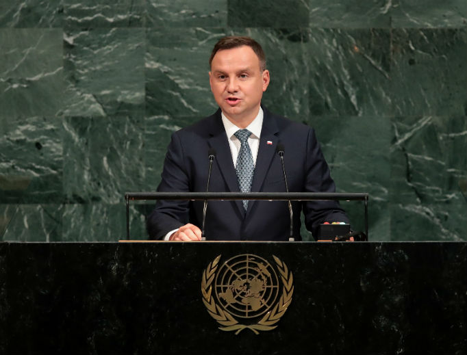President Andrzej Duda addresses the U.N. General Assembly Sept. 19, 2017, in New York. He said last October he would sign into law a bill banning eugenic abortion. President Andrzej Duda addresses the U.N. General Assembly Sept. 19, 2017, in New York. He said last October he would sign into law a bill banning eugenic abortion.