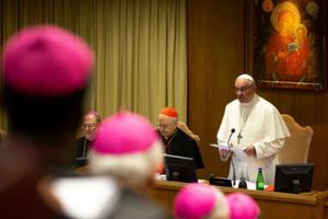 Pope Francis speaks to bishops inside the Vatican’s Synod Hall.
Pope Francis speaks to bishops inside the Vatican’s Synod Hall.
