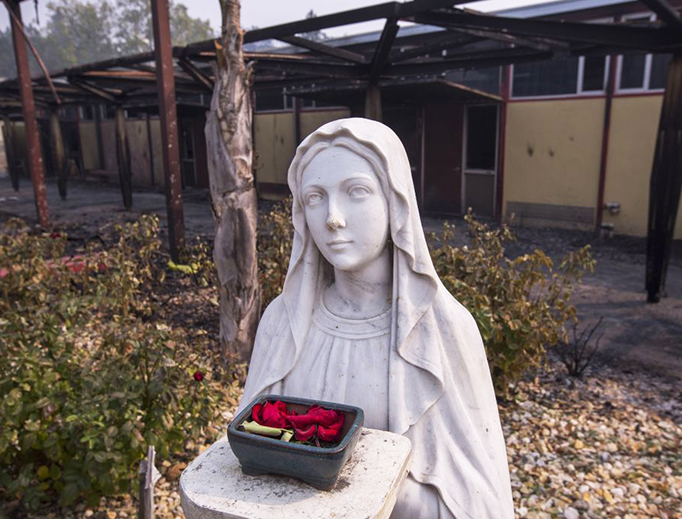 A statue of Our Lady is seen among fire-damaged buildings at Cardinal Newman High School on Oct. 10 in Santa Rosa, California. In one of the worst wildfires in state history, at least 1,500 homes have burned and 11 people have died as more than 14 wildfires continue to spread in eight Northern California counties. A statue of Our Lady is seen among fire-damaged buildings at Cardinal Newman High School on Oct. 10 in Santa Rosa, California. In one of the worst wildfires in state history, at least 1,500 homes have burned and 11 people have died as more than 14 wildfires continue to spread in eight Northern California counties.