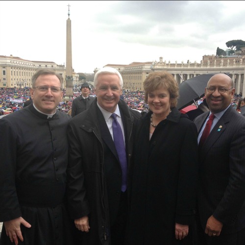 Father William Donovan (l) with Pennsylvania Gov. Tom Corbett and his wife, Susan Corbett, and Philadelphia Mayor Michael Nutter in Rome. Father William Donovan (l) with Pennsylvania Gov. Tom Corbett and his wife, Susan Corbett, and Philadelphia Mayor Michael Nutter in Rome.