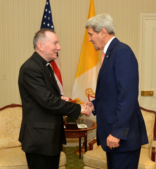 Cardinal Pietro Parolin, the Vatican's secretary of state, shakes hands with U.S. Secretary of State John Kerry before their bilateral meeting in New York City on Sept. 23. Cardinal Pietro Parolin, the Vatican's secretary of state, shakes hands with U.S. Secretary of State John Kerry before their bilateral meeting in New York City on Sept. 23.