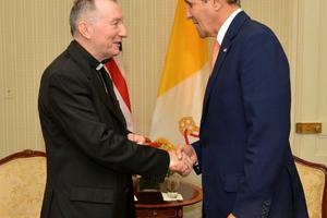 Cardinal Pietro Parolin, the Vatican's secretary of state, shakes hands with U.S. Secretary of State John Kerry before their bilateral meeting in New York City on Sept. 23. Cardinal Pietro Parolin, the Vatican's secretary of state, shakes hands with U.S. Secretary of State John Kerry before their bilateral meeting in New York City on Sept. 23.