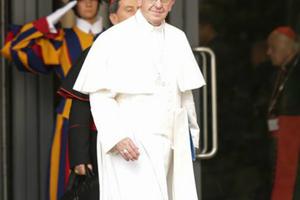 Pope Francis walks out of the Paul VI Hall during the synod on the family on Oct. 9.
Pope Francis walks out of the Paul VI Hall during the synod on the family on Oct. 9.
