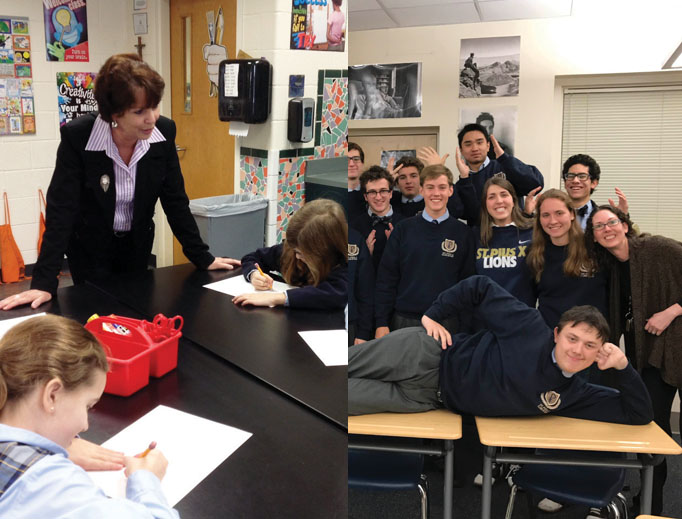 Above, Nancy Herlihy with her students at Queen of Angels Catholic School and Liberty Hall with some of her students at St. Pius X Catholic High School, both in Atlanta. Above, Nancy Herlihy with her students at Queen of Angels Catholic School and Liberty Hall with some of her students at St. Pius X Catholic High School, both in Atlanta.