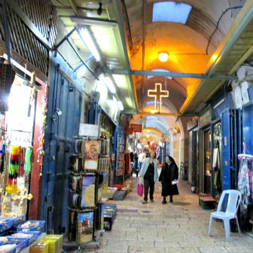 Christian shopkeepers in the Old City of Jerusalem say tourism is way down. The alleyways leading to the Church of the Holy Sepulcher are much less crowded than usual at this time of year.
Christian shopkeepers in the Old City of Jerusalem say tourism is way down. The alleyways leading to the Church of the Holy Sepulcher are much less crowded than usual at this time of year.