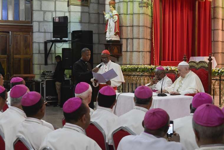 Pope Francis meets with bishops in Madagascar Sept. 7. Pope Francis meets with bishops in Madagascar Sept. 7.